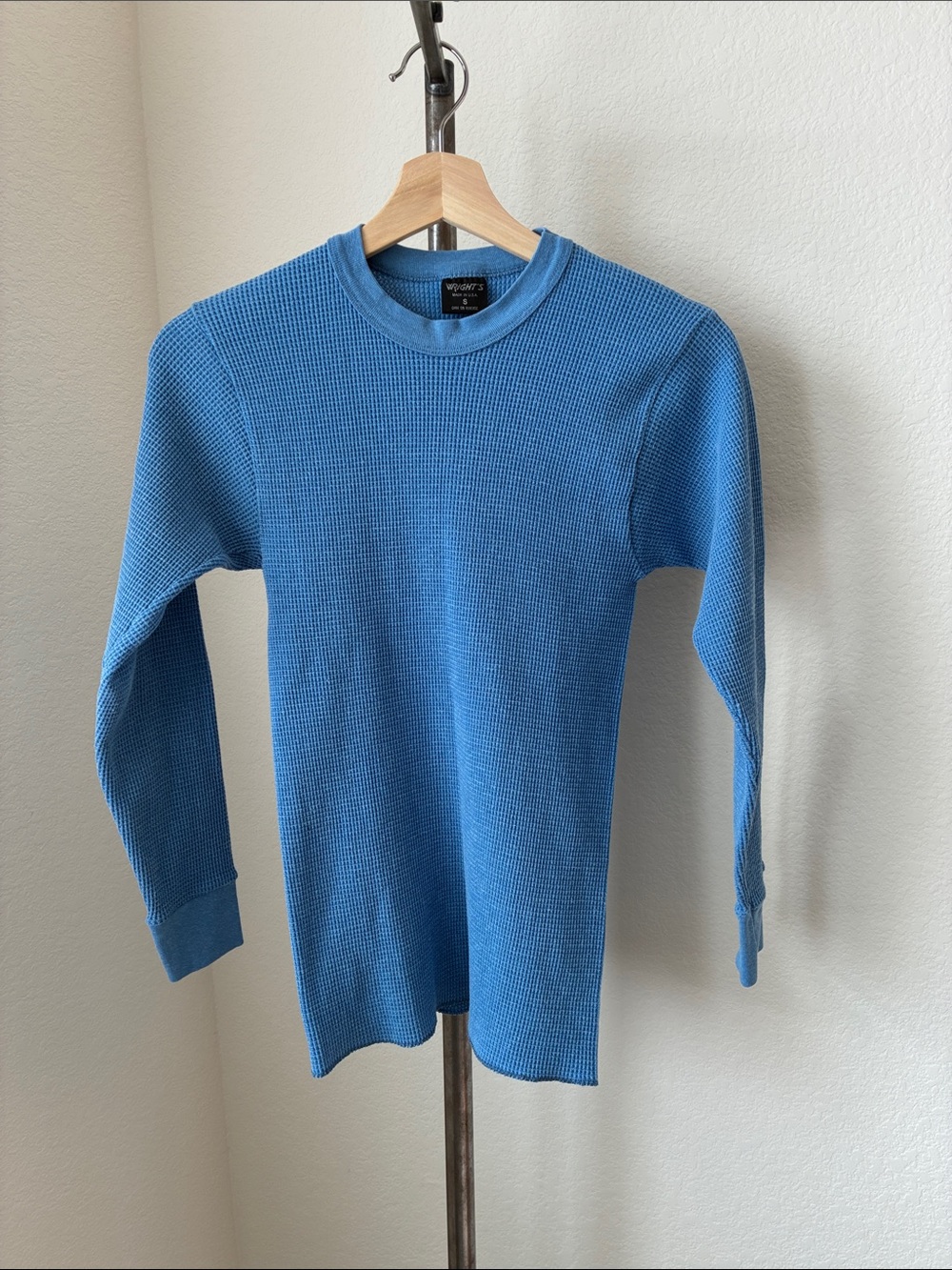 Vtg Wright's Heather Blue Waffle Thermal Shirt Made in USA Cotton Blend Gorpcore